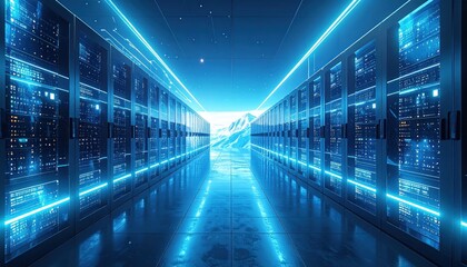 Futuristic Server Room with Glowing Blue Accents and Mountain View Backdrop