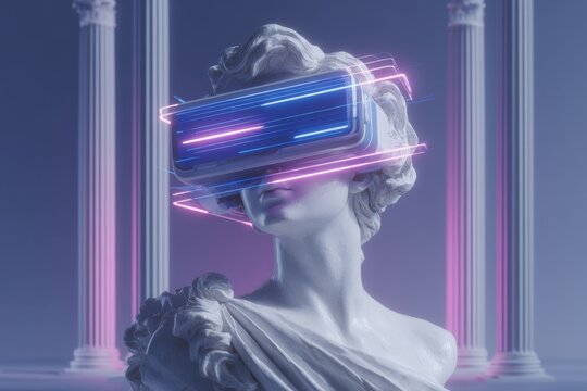 A mannequin of an antic figure is seen donning a VR headset, enveloped by an array of neon lights within a darkened room