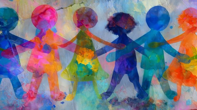 Colorful watercolor art depicting a unity of diverse children is utilized in the design for social inclusion on World Day of War Orphans