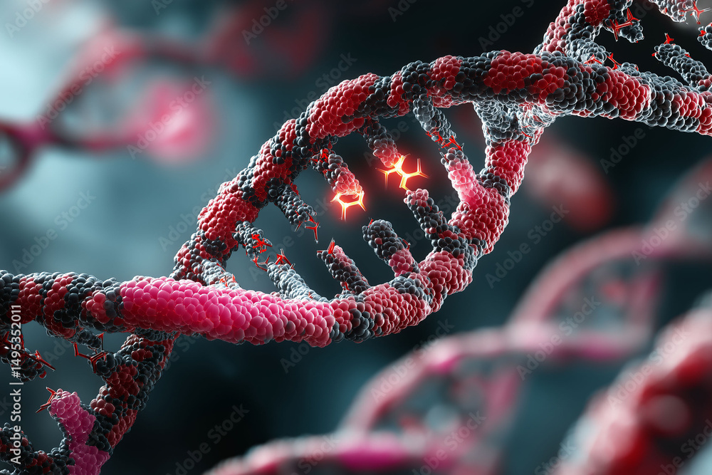 Poster telomere chromosome end. dna sequence genetics. cell aging medical science. genetic code research. c