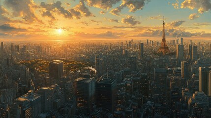 Fototapeta premium Panoramic city skyline at sunrise with a blend of architectural styles.