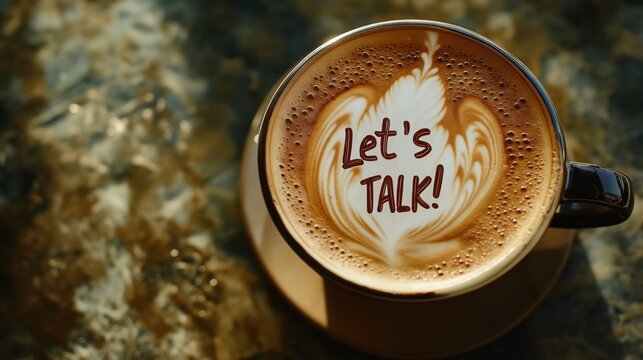 Close-up overhead view of coffee cup featuring "Let's Talk!" message written in latte art foam