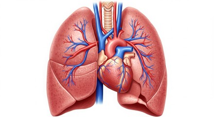 Anatomical illustration of lungs and heart, depicting human respiratory and circulatory systems.