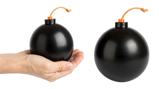 Classic cartoon bomb in hand and isolated on transparent background