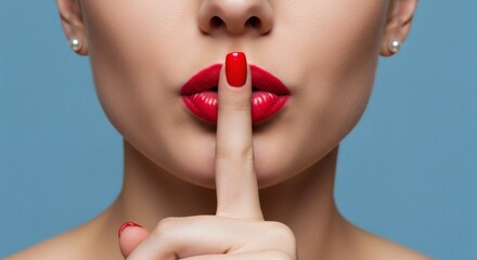 Hush Beauty Red lips with finger gesture on lips Mystery, and secrets.