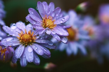 Purple Daisies Covered in Water Droplets, Symbolizing Freshness and Renewal for Wellness Campaigns and Spring Promotions : Generative AI