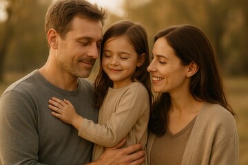 Fototapeta premium Happy family embracing in nature during golden hour