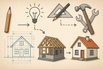 House building process starting from idea to blueprint and construction to finished house