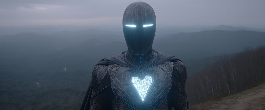 A movie portrayal of a robot situated on the periphery of a simulated digital terrain, representing the vanguard of AI exploration