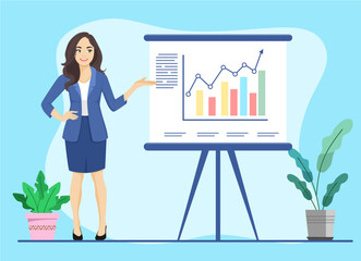 A Businesswoman Person Presenting With Bar Graph On Whiteboard. business concept vector illustration