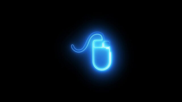 Neon glowing blue computer mouse icon animation. Neon computer vertical mouse icon blue animation on black background.4k animation
