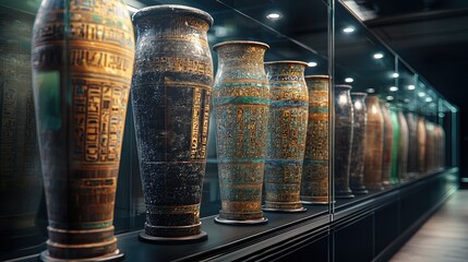 Ancient Egyptian Canopic Jars in Museum Display