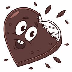 Obraz premium Chocolate heart icon with bite mark and cartoon eyes