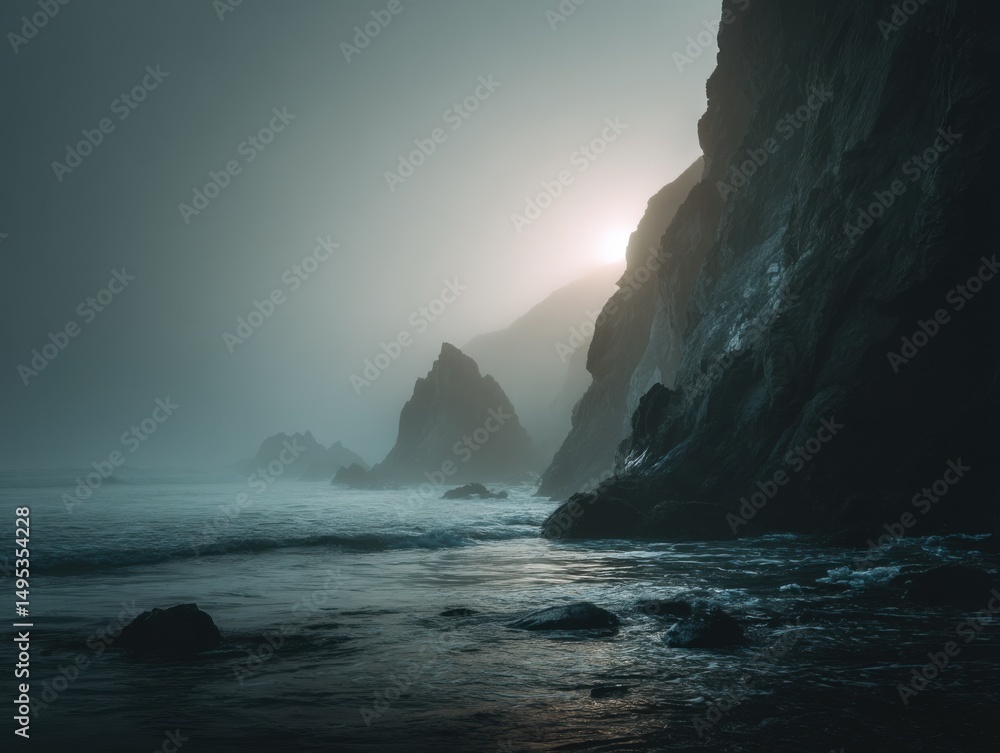 Poster Dramatic Cliffs and Misty Ocean at Dusk, Evoking Mystery and Solitude for Travel and Escape Concepts : Generative AI