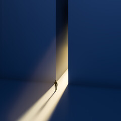 A man walking to a gap in the wall with light spilling out. Concept for positivity, getting out of a depression, the way forward.