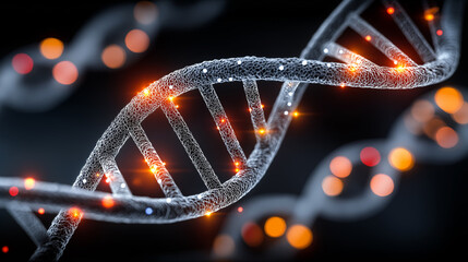 DNA strand: A close-up image of a glowing double helix DNA strand, against a blurred black background. The illuminated strands exude a sense of scientific intricacy and the potential of the genome.