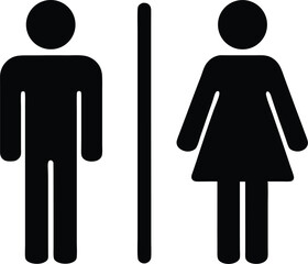 Black and white restroom sign with male and female symbols separated by a vertical line icon
