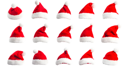 Collection of Santa's Red Hats on White Background for Festive Designs