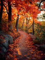 Autumn Path With Red Maple Leaves in Forest, Representing Seasonal Change and Outdoor Exploration, Perfect for Travel and Tourism Campaigns : Generative AI