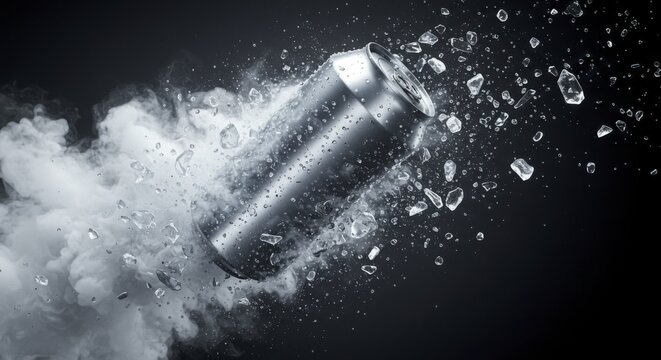 Icy explosion: Silver can amidst frozen shards and swirling vapo