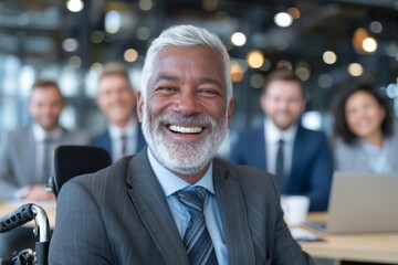 A diverse group of business professionals take a coffee break together in a modern office setting that includes a colleague with a disability