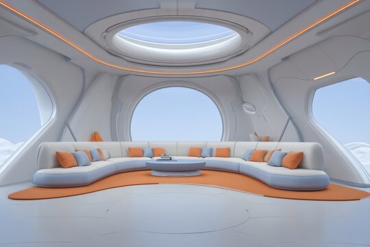 Living room featuring a retro futuristic aesthetic with a sleek modular sofa, glowing neon coffee table, and a window styled like a spaceship