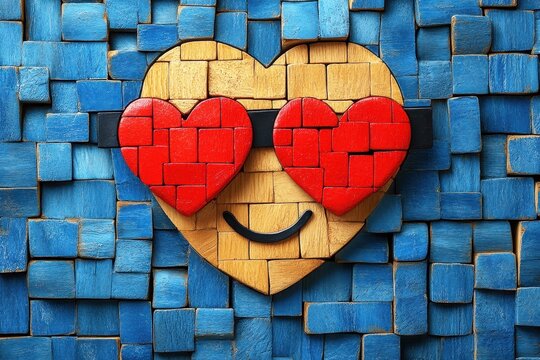 Creative wooden heart with red heart-shaped eyes placed on a blue wooden block background for concepts of love, joy, and creativity