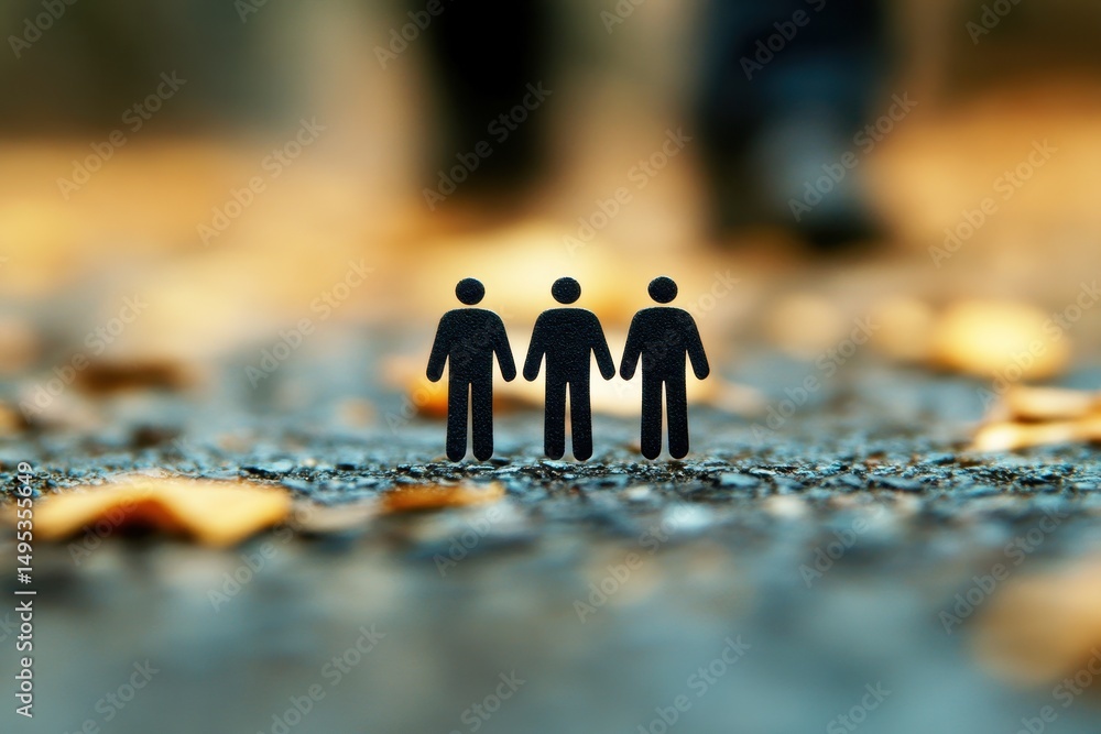 Poster small figures representing unity and connection on a blurred urban background with autumn leaves, sy