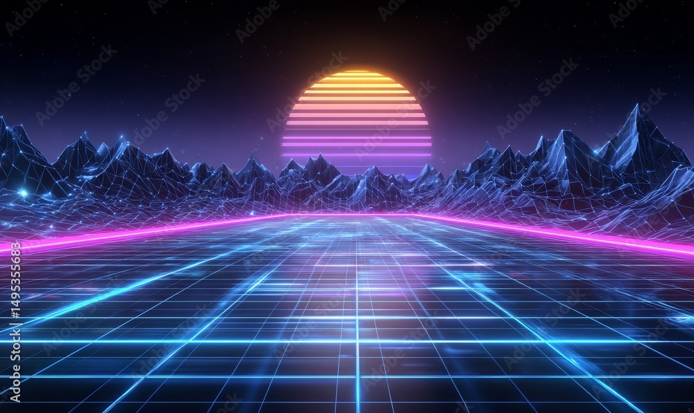 Aufkleber a snowy mountain range is home to a highway with a distinct retro futuristic synthwave style