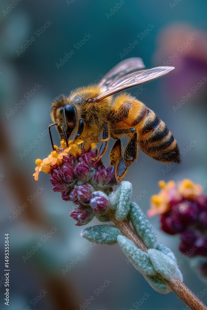 Poster honeybee gathering nectar from a flower in macro view, representing pollination and environmental su