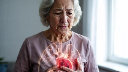 Horizontal video of an elderly woman showing concern while clutching her chest with a digital overlay of a glowing human heart. Concept of health awareness and cardiovascular care - Powered by Adobe