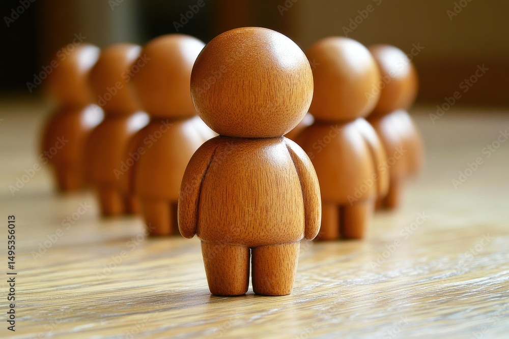 Poster wooden figurines arranged in a conceptual display representing teamwork, leadership, individuality, 