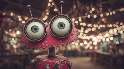 A vintage red robot with large eyes strikes a pose in a bustling cafe teeming with people, where a warm atmosphere blends modern interactions with nostalgic elements of technology and design