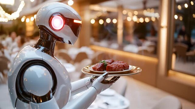 Horizontal video of a futuristic humanoid robot with glowing red eye serving a plate of gourmet steak in an elegant restaurant setting. Concept of advanced robotics and fine dining experience