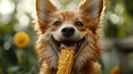 Happy dog eating corn outdoors, garden background