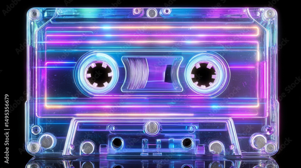 Poster with its glowing central hub and vibrant neon colors, this cassette tape reflects a diverse array of