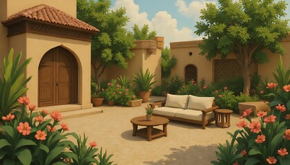 Courtyard with Sofa, Table and Flower