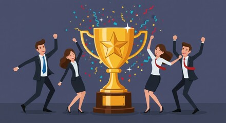 Four people celebrating around a large trophy with confetti in a festive atmosphere.