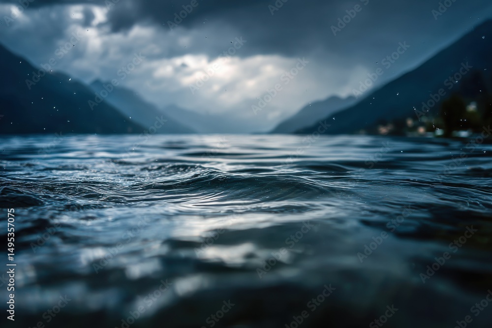 Poster Moody Lake Water Surface With Distant Mountains, Evoking Tranquility and Representing Environmental Conservation and Serene Travel Destinations : Generative AI