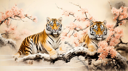 Japanese and Chinese style tiger painting with a mountain landscape in the background.