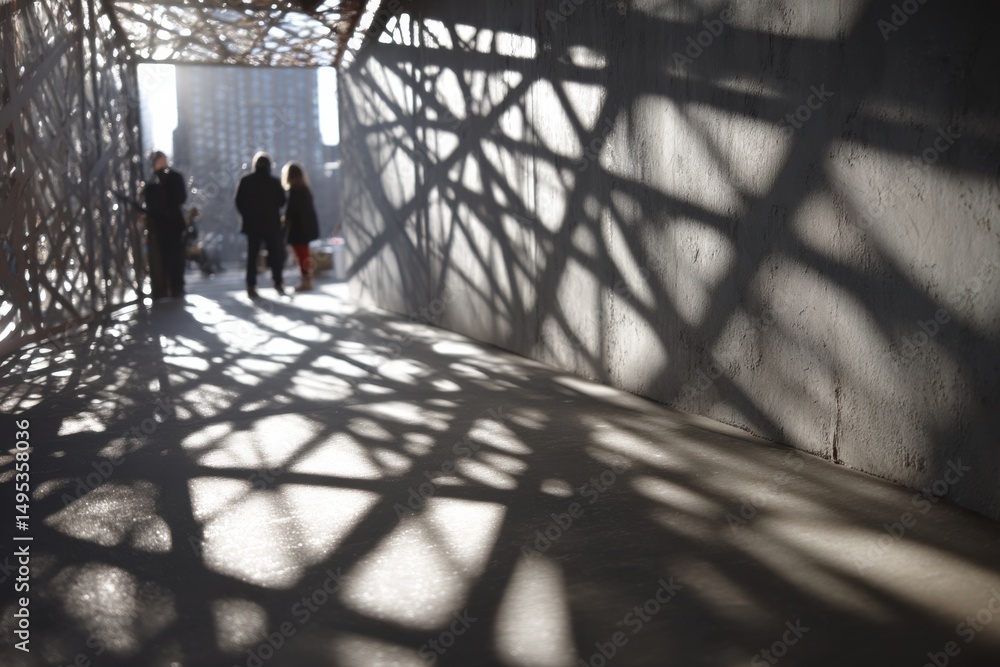 Poster People Walking Through a Modern Structure With Shadow Patterns, Representing Urban Exploration and Architectural Innovation : Generative AI