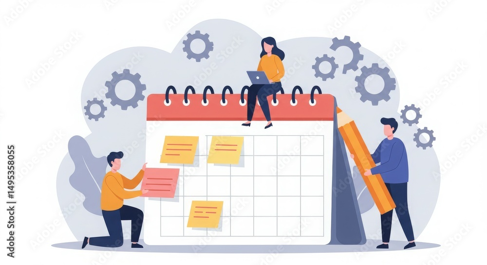 Poster illustration of a calendar with people organizing tasks using sticky notes and a laptop.