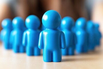 Blue figurines representing individuality and community in a minimalist design, standing together on a wooden surface, symbolizing unity and diversity in groups