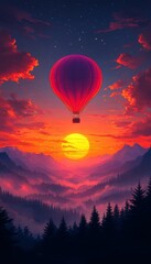 Fototapeta premium Hot air balloon sunset mountain landscape