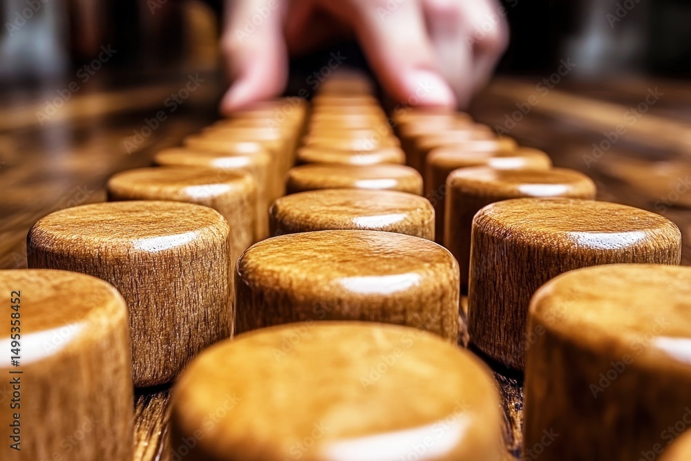 Poster close-up view of polished wooden discs arranged in a row on an elegant wooden surface highlighting t