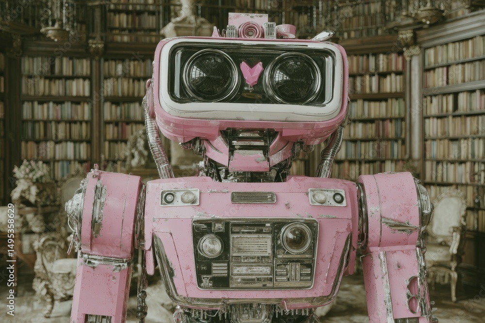 Poster a library is the backdrop for a futuristic robot that features glowing pink lights, made possible by