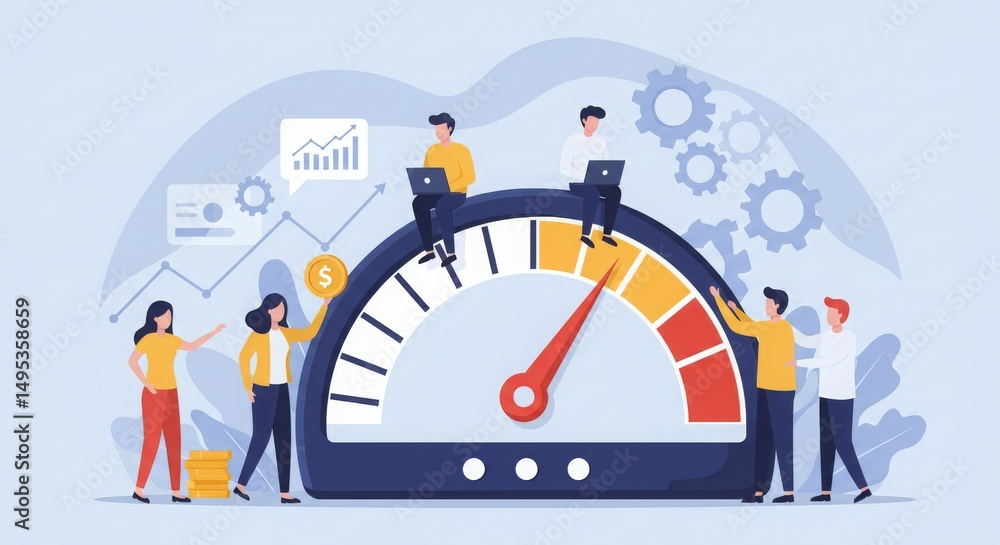 Poster illustration of a performance gauge with people analyzing data and interacting.
