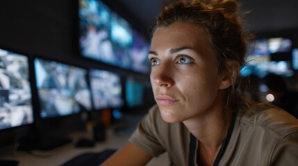 Security Surveillance: A focused operator, surrounded by a bank of monitors displaying live security camera feeds, exemplifies vigilance and attentiveness in a dimly lit control room. 