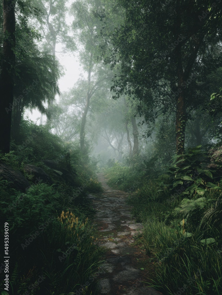 Poster stone path leading through a misty forest, evoking serenity and a journey of self-discovery, ideal f