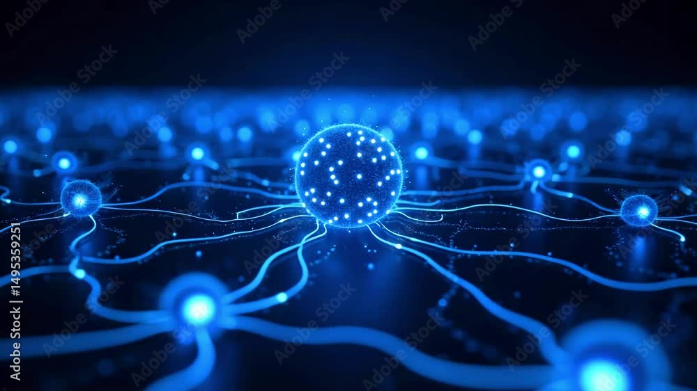 Poster abstract representation of interconnected blue spheres with glowing lines on a dark background
